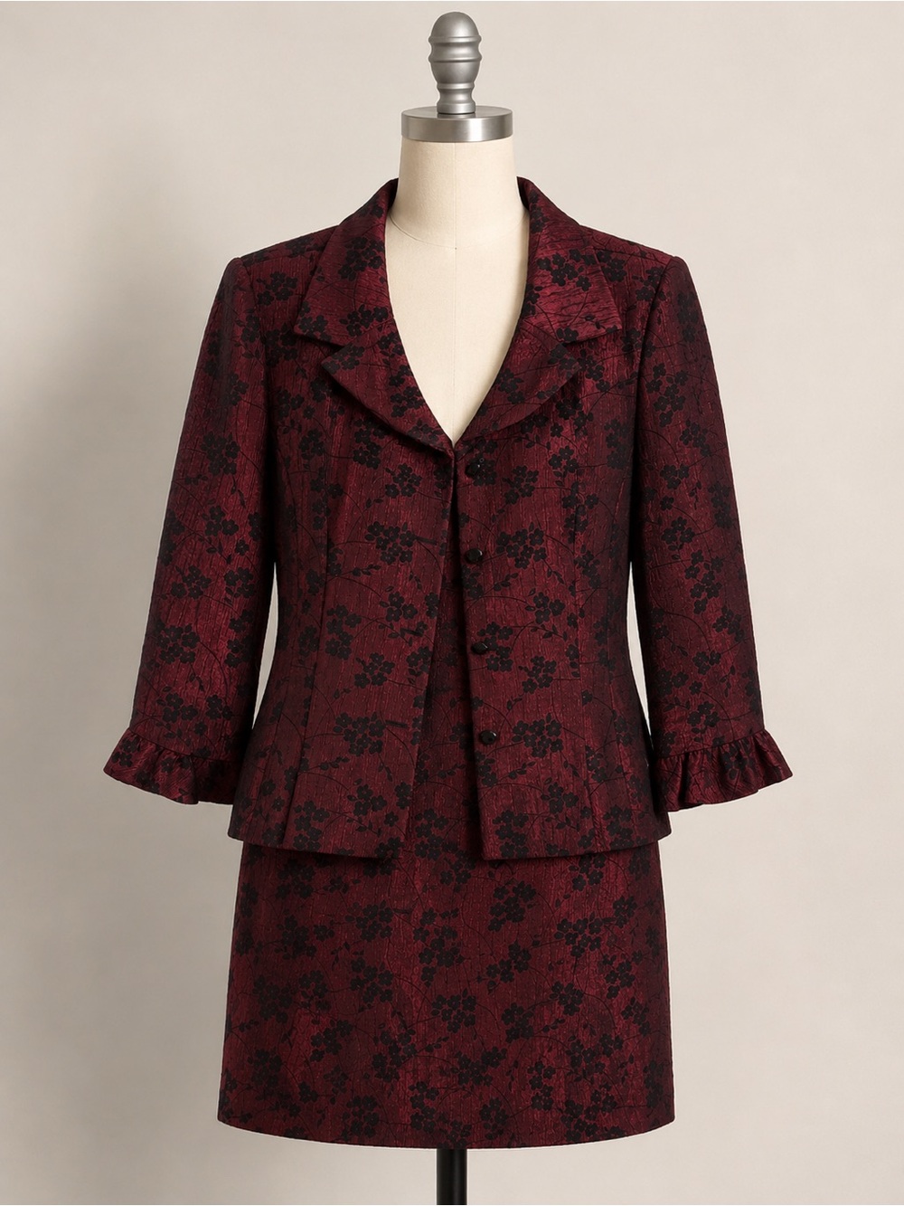 Virgo Burgundy Floral Jacquard Skirt Suit Set Size 14 Vintage Y2K 2 Piece
